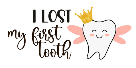 Cute Tooth Fairy greeting card as funny smiling cartoon character of tooth fairy with crown and hand written text