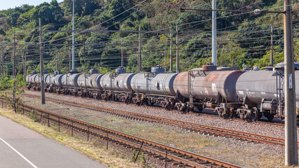 Train Fuel Tankers Trailers Holding Line Rail Tracks Industry Transport