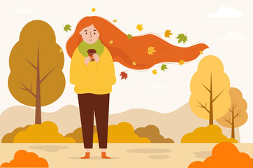 Beautiful girl with autumn leaves in long red-haired developing hair with coffee in the autumn park. Vector illustration. Character in flat style in autumn landscape for design, decor, cards, posters 