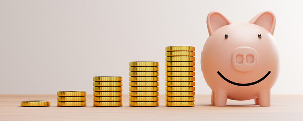 Golden coins stacking with pink piggy smile saving money on wooden table for deposit banking and...