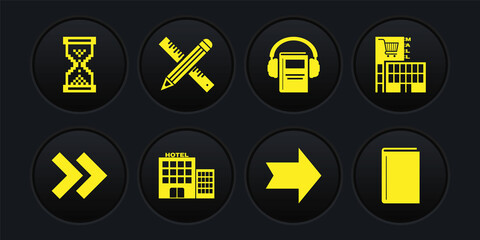 Set Arrow, Mall or supermarket building, Hotel, Audio book, Crossed ruler and pencil, Book and Hourglass pixel icon. Vector