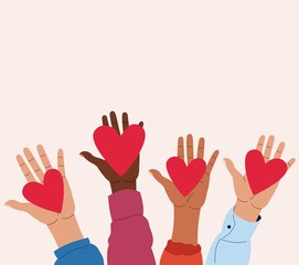 hands holding a heart, together different people help and care, multiethnic group of volunteers, charity concept, vector illustration