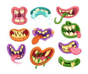 Funny monster mouth set with different expressions. Monstrous emotions, facial scary horror expressions for Halloween cartoon vector © Svetlanas01