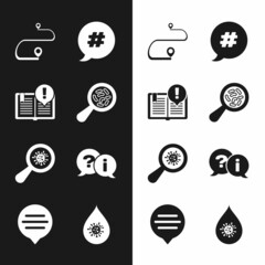Set Microorganisms under magnifier, Interesting facts, Route location, Hashtag speech bubble, Question and Exclamation, Dirty water drop and Speech chat icon. Vector