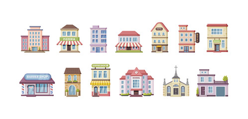 Colored urban government, private and municipal building set public place city architecture facades