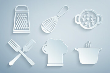 Set Chef hat, Cooking soup in pot, Crossed fork, Kitchen whisk and Grater icon. Vector