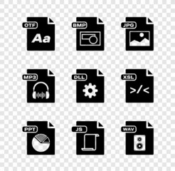 Set OTF file document, BMP, JPG, PPT, JS, WAV, MP3 and DLL icon. Vector