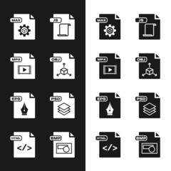 Set OBJ file document, MP4, MAX, JS, EPS, PSD, BMP and HTML icon. Vector