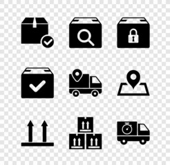 Set Package box with check mark, Search package, Locked, This side up, Cardboard traffic, Delivery truck and stopwatch, and tracking icon. Vector