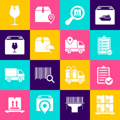 Set Cardboard boxes on pallet, Verification of delivery list, Search package, Delivery with umbrella, fragile content, Fragile broken glass and tracking icon. Vector