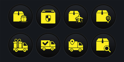 Set Delivery truck with gift, Location cardboard box, check mark, tracking, Plane and, security shield, Search package and Cargo ship boxes icon. Vector