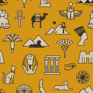 Dark seamless pattern of symbols, landmarks, and signs of Egypt from icons in a linear style