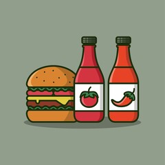Burger with tomato and chilli sauce bottle vector cartoon illustration
