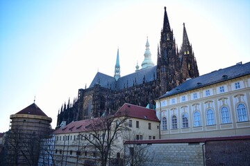 Fototapeta premium Saints Vitus Cathedral in sunny day, Wenceslaus and Adalbert is a Roman Catholic metropolitan cathedral in Prague, Czech Republic.