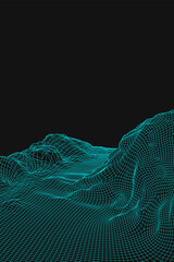 Blue abstract vector wireframe landscape background. 3D futuristic mesh mountains. 80s Retro illustration. Cyberspace technology valleys.
