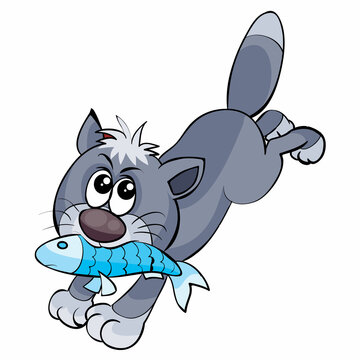 brazen gray cat stole a fish and runs away with it, cartoon illustration, isolated object on white background, vector,