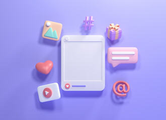 3D Online Social media communication platform concept. Photo frame with emoji, comment, love, like and play icons. 3d render illustration