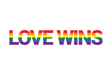 Modern, colorful, vibrant typographic graphic design of saying "Love Wins" in rainbow flag colors. Simple, bold, vibrant and urban graphic vector art.