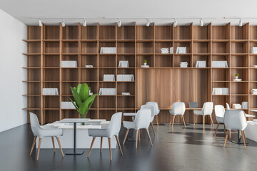 Office service area with white and grey details and large shelving