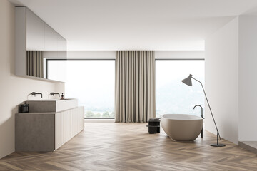 Fototapeta na wymiar Panoramic beige and white bathroom area with mirror cabinet. Minimalist concept.