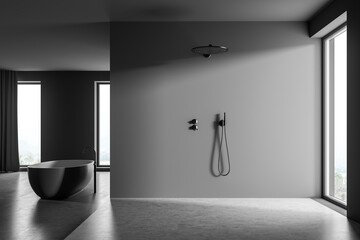 Spacious dark grey shower room with panoramic windows and a bathtub