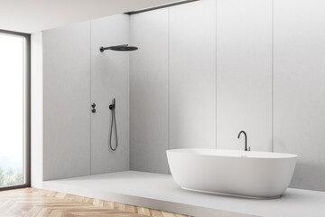 Fototapeta na wymiar White shower cabin with integrated bathtub. Corner view.