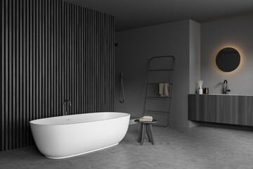 Fototapeta na wymiar Dark bathroom interior with white bathtub and shower