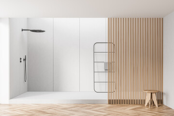 Big white shower area with wooden details - obrazy, fototapety, plakaty