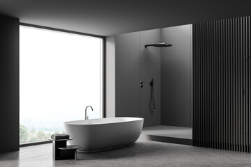 Fototapeta na wymiar Corner of panoramic dark grey bathroom space with partition