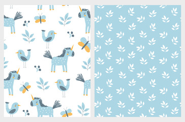 Cute Hand Drawn Nursery Vector Patterns with Funny Blue Unicorns, Butterflies and Birds Among Flowers. Lovely Childish Print with Abstract Magic Garden Isolated on a White and Blue Background.