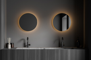 Dark bathroom interior with closet, two mirror and double sink