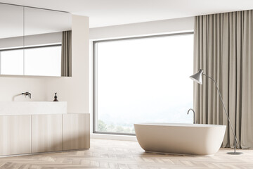 Modern minimalist panoramic bathroom with beige bathtub and floor lamp. Corner view