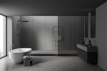 Wood-panel partition in dark grey bathroom interior