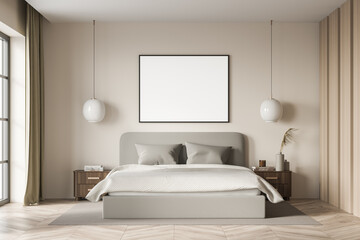 Bright bedroom interior with empty white poster and large bed