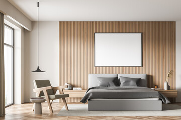 Banner in the beige bedroom with pendant light and wall panelling