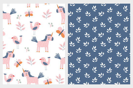 Cute Hand Drawn Nursery Vector Patterns with Funny Pink Unicorns, Butterflies and Birds Among Flowers. Lovely Childish Print with Abstract Magic Garden Isolated on a White and Dark Blue Background.