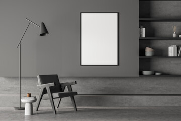 Two banners in the minimalist dark grey seating area with accent lamp