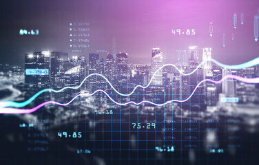 Financial bar charts over night Singapore panoramic city view. The concept of international business and consulting. Double Exposure.