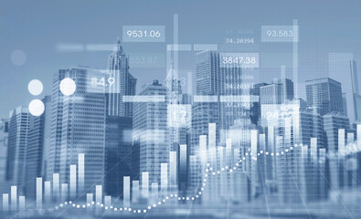 Fototapeta na wymiar Panoramic view of New York financial downtown with bar diagrams