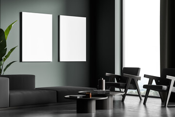 Two banners in the green living room with original sofa. Corner view.