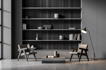 Dark grey niche shelf, woode details, armchairs with lamp in seating area - obrazy, fototapety, plakaty