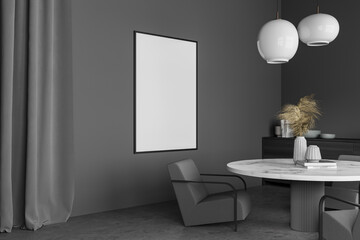 Dark dining room interior with white empty poster