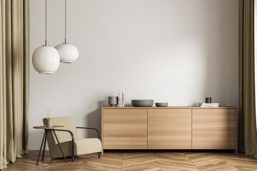 Bright living room interior with empty white wall