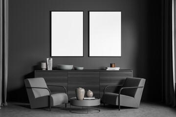 Dark gallery room interior with two empty white posters