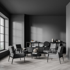 Naklejka premium Four armchirs and coffee table in the dark grey waiting room