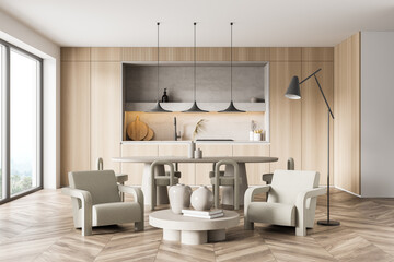 Fototapeta na wymiar Panoramic kitchen space with minimalist details and beige furniture