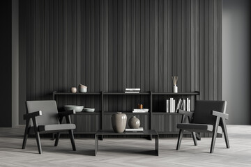 Dark grey waiting room with empty lined wall, sideboard and armchairs