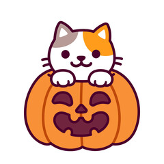 Cute cartoon cat in Halloween pumpkin