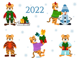 Set of cute tigers, new year vector illustration. Tiger is a symbol of 2022