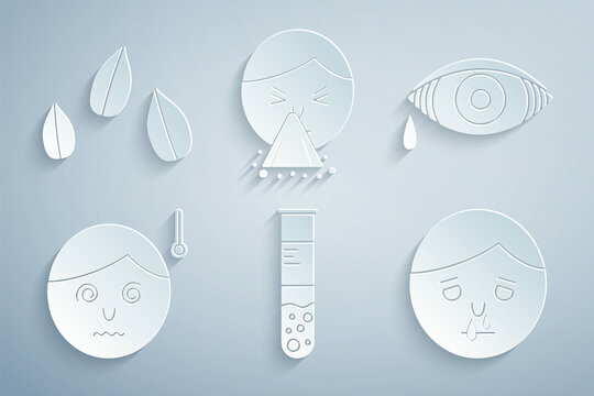 Set Test tube and flask, Reddish eye allergic conjunctivitis, High human body temperature, Runny nose, Handkerchief to his runny and Sesame seeds icon. Vector